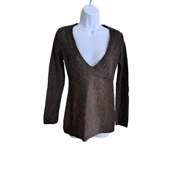 Garnet Hill Henley Sweater Top Sz S Hairy Alpaca Blend Low Deep Knit Brown - Picture 1 of 9